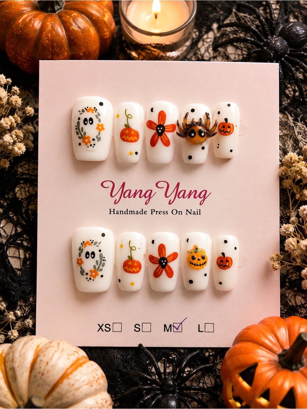 Halloween Pumpkin & Floral Press-On Nail Set - White & Orange